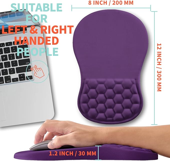 Ergonomic Mouse Pad Wrist Support with Memory Foam Massage Bulge Carpal Tunnel Pain Relief Mousepad Wrist Rest for Mouse(12x8 inch Deep Purple)