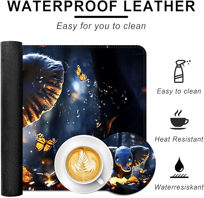 Large Keyboard Mouse Pad Set Extended Mouse Pad+Keyboard Wrist Rest Support Memory Foam Ergonomic Easy Typing 4Pcs (31.5×11.8 in) Desk Pad Set for Office HomeCute Elephant with Butterflies