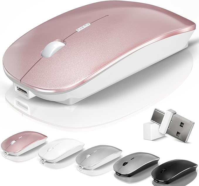 Wireless Bluetooth Mouse for Mac Air MacBook Pro Laptop PC Pad Optical Rechargeable Silent Mouse with Jiggler Mode Dual Mode Switch Bluetooth 5.2/3.0 and 2.4G USB-A &amp USB-C Receiver Rose Gold