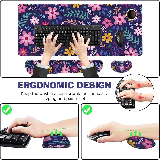 ToLuLu Extended Gaming Mouse Pad Memory Foam Ergonomic Keyboard Mouse Wrist Rest Support Set Large Desk Mat with Stitched Edges Non-Slip Base Mousepad for Home Office Game Study Purple Flowers