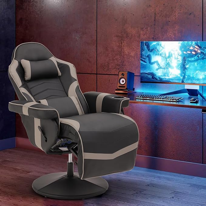 Gaming Chairs for Adults Gaming Chair with Footrest Massage Gaming Chair w/Adjustable Height and Backrest Swivel Video Game Chair with Lumbar Support Side Pouch (Black&amp Grey)