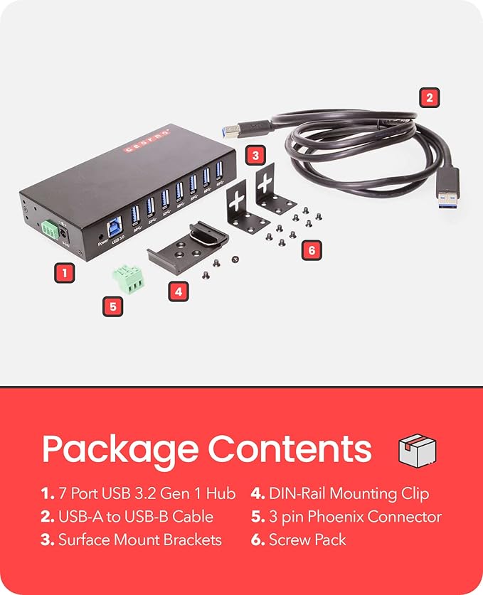 Gearmo 7 Port USB 3.0 Hub w/Surge Protection Rugged Metal Enclosure Ready to Mount on DIN Rail or Wall Compatible with Windows 7/8/10/11 MacOS &amp Linux