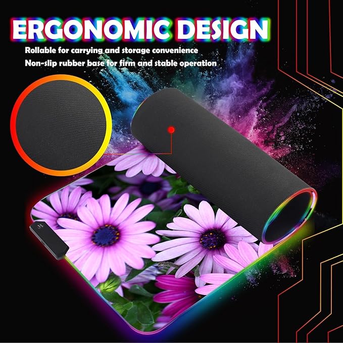 Customized RGB Gaming Mouse Pad and Coffee CoasterLarge Glowing Led Anti-Slip Rubber Base Computer Keyboard Desk Mouse Mat 31.4x11.8 InchAfrican Daisy