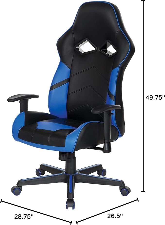 OSP Home Furnishings Vapor Ergonomic Adjustable High Back Faux Leather Gaming Chair with Coil Spring Seat and Integrated Cooling Airflow Blue Accents