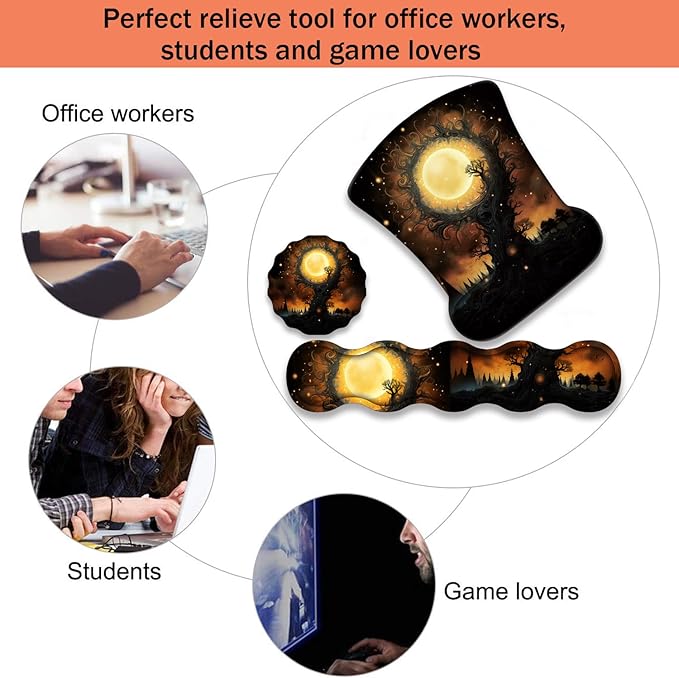 Ergonomic Keyboard Wrist Support Pad and Wrist Support Mouse Pad Anti-Slip with Gel Memory Mouse Pad Set Suitable for Office Use/Home Use - Gothic Moon Sun