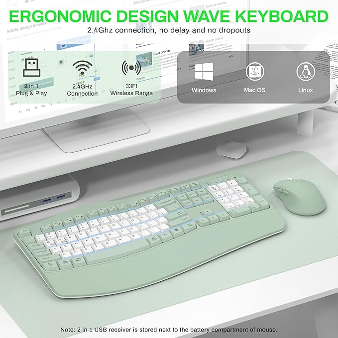 Wireless Keyboard and Mouse Combo2.4G Full Size Wave Keys Ergonomic Keyboard with Wrist Rest for Natural Typing 3 DPI Adjustable Ergonomic Mouse for Computer/Laptop/Windows/Mac (Avocado Green-B)