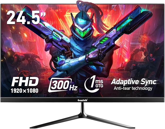 Gawfolk 24.5 Inch PC 300Hz Gaming Monitor FHD 1080p ScreenAdaptive Sync1ms Without Bezel 98% sRGB 178 ° Angle View HDMI、DisplayPort Compatible with wall mounting 75 * 75MM - Black