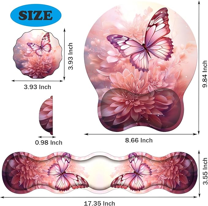 Ergonomic Keyboard Wrist Support Pad and Wrist Support Mouse Pad Anti-Slip with Gel Memory Mouse Pad Set Suitable for Office Use/Home Use - Pink Butterfly Flower