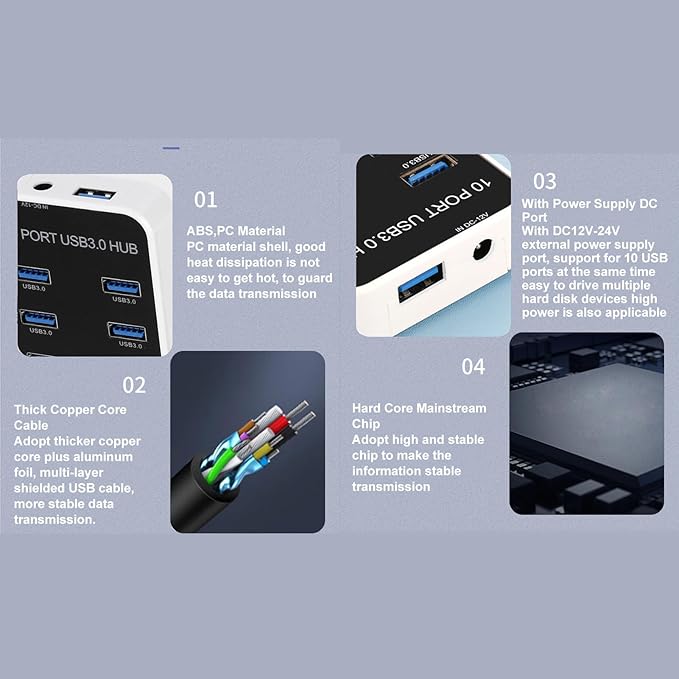 Powered USB 3.0 Hub 10 Ports USB Data Hub Splitter 5Gbps Data Transfer USB Docking Station for Laptop PC Computer Compatible with 2003 7 8 10 11