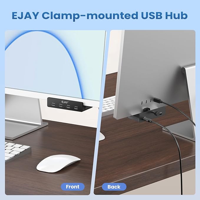 EJAY 4-Port 10Gbps USB 3.2 Hub with Clamp Mount Aluminum Docking Station for MacBook/Desktop Dual Cable USB Splitter for Monitors USB C Hub Stable Data Transfer for Creators Black