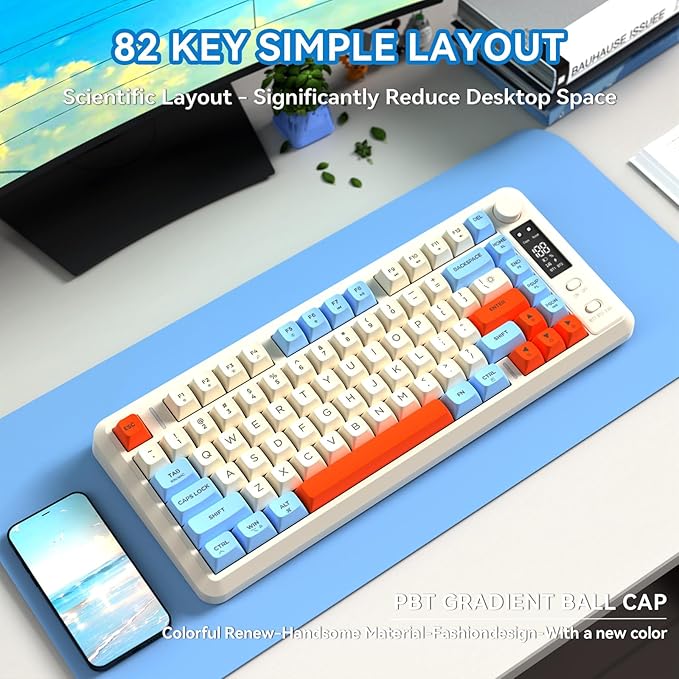ZIYOU LANG M75 Wireless Gaming Keyboard RGB Backlit Rechargeable 2000mAh Battery Small Membrane But Mechanical Feel Keyboard with Smart Display &amp Knob PBT Gradient keycaps for PC MAC - Blueber