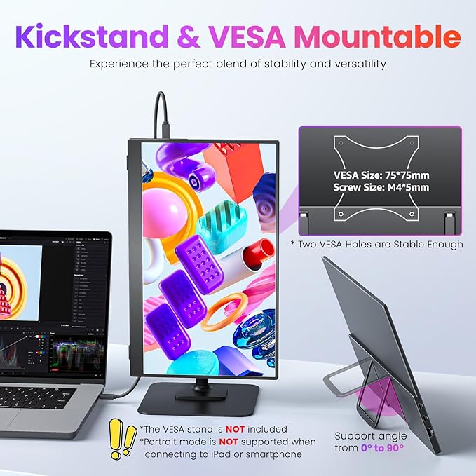 Portable Monitor 15.6 inch FHD 87% sRGB 60Hz IPS HDR HDMI USB-C Travel Monitor for Laptop MacBook PC Surface PS5 Xbox External Display with Kickstand &amp Speakers VESA Compatible