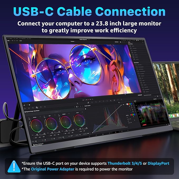 Portable Monitor 23.8 inch 4K 3840X2160 144% sRGB 60Hz HDR HDMI USB-C Travel Monitor for Laptop MacBook PC Surface PS5 Xbox Large External Display with Kickstand &amp Speakers VESA Compatible