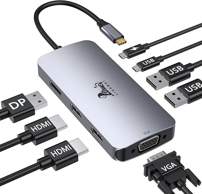 LIONWEI USB C Docking Station Dual Monitor Laptop Docking Station 3 Monitors Quadruple Display with Dual 4K HDMI DP VGA 100W PD 3 USB C/A 2.0 Laptop Dock for Dell Lenovo HP Surface