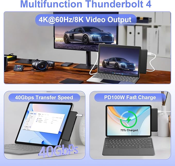 Surface Pro 12 USB Hub Adapter Docking Station with 4K HDMI USB-C Thunderbolt 4 (Display+Data+100W PD) 2 USB 3.0 3.5mm Audio SD/TF Card Slot Accessories for Surface Pro 12 inch 2025