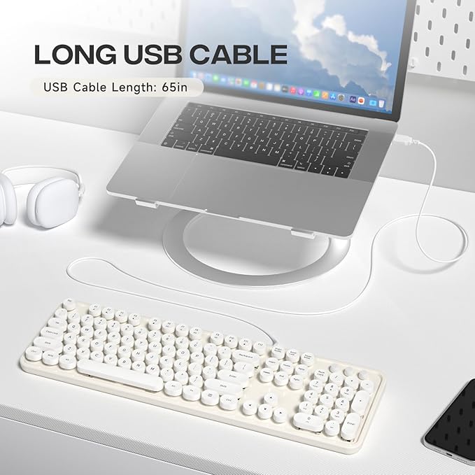 Computer Keyboard Wired Plug Play USB Retro Round Typewriter Keyboard Full Size Wired Keyboard with Foldable Stands for Laptop and Office PC