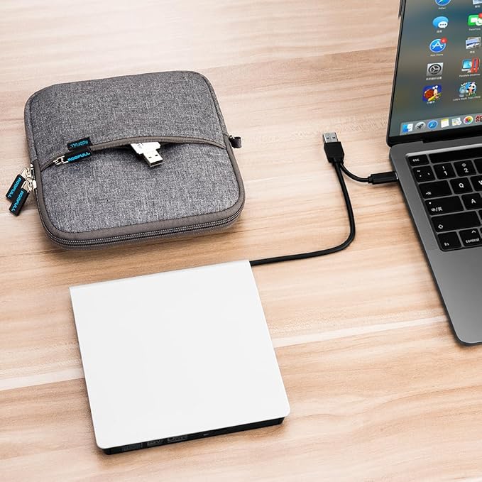 ROOFULL External CD DVD Drive for Mac Laptop USB 3.0 &amp USB-C Portable CD Reader Writer Burner DVD Player ROM+/-RW Disc Drive with Carrying Case for Apple MacBook Windows 11 PC Computer White