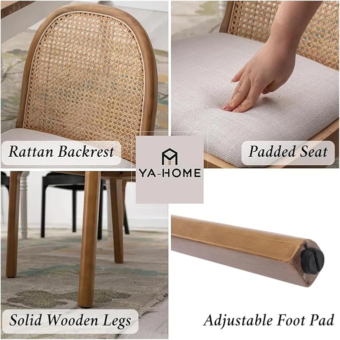 Adjustable Office Computer Chair with Armrest 1pcs Linen Fabric Rattan Backrest Dining Chair Solid Wooden Legs Use for Living Room