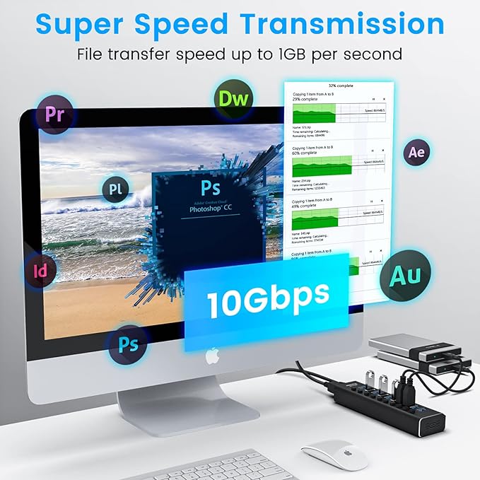 Powered USB Hub Rosonway 10 Port USB 3.1/3.2 Gen 2 Hub 10Gbps with 36W (12V/3A) Power Adapter Type A and Type C Cables Aluminum USB C Hub Splitter for PC and Laptop (RSH-A10S)