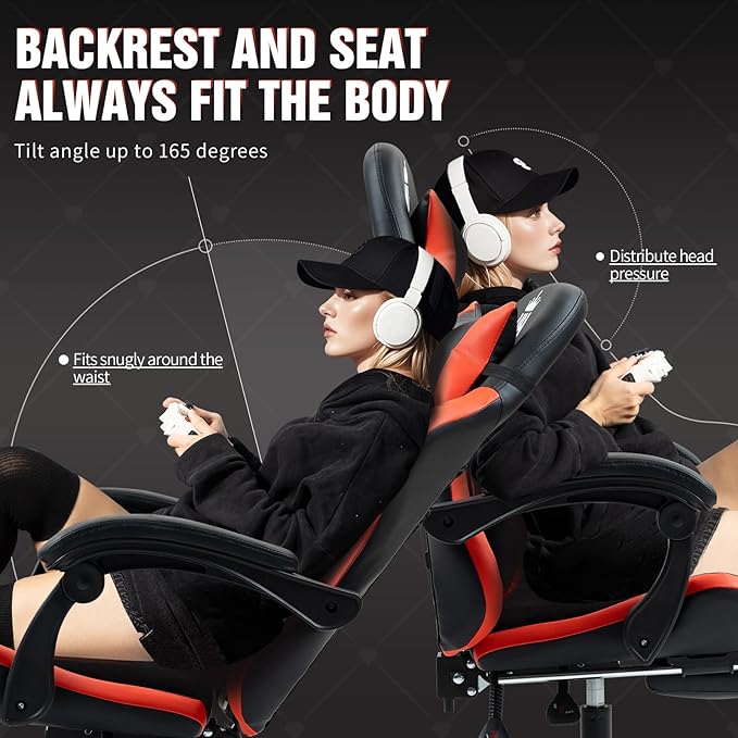 Gaming Chair with Footrest Ergonomic Computer Chair for Adult Adjustable Headrest Lumbar Pillow Large Size Reclining Gaming Chair Big and Tall with Linkage Armrest for Home Office Gaming