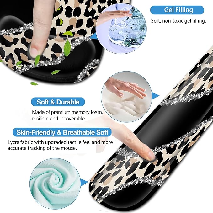 Ergonomic Mouse Pad Wrist Support and Memory Foam Keyboard Wrist Rest Set for Gaming Computer Office Laptop Easy Typing Wireless Mouse Mat Gel Gaming Funy Leopard Pattern Black Office Desk Pad