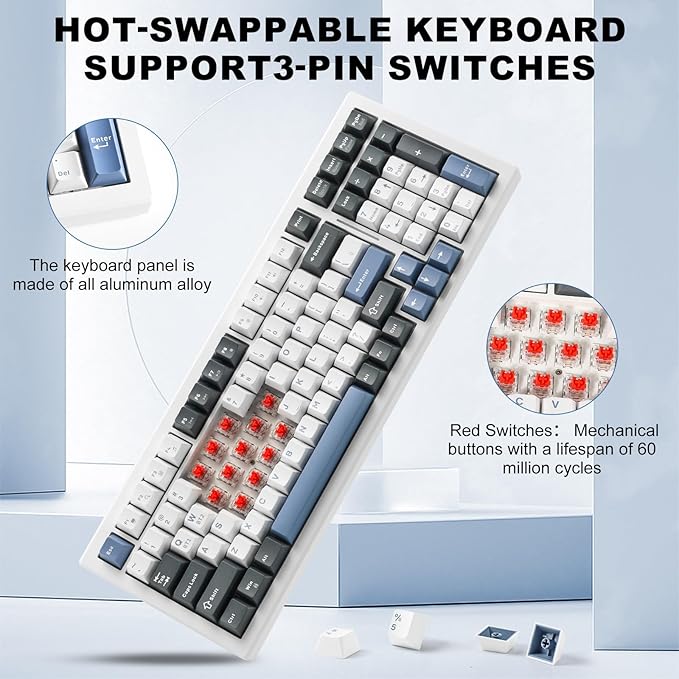 Wireless Mechanical Keyboard BT5.0/2.4GHz/USB Multi-Color LED with 18+ Modes Hot-Swappable Custom Keyboard Red Creamy Switches Gaming Keyboard for PC/Mac (Blue White)