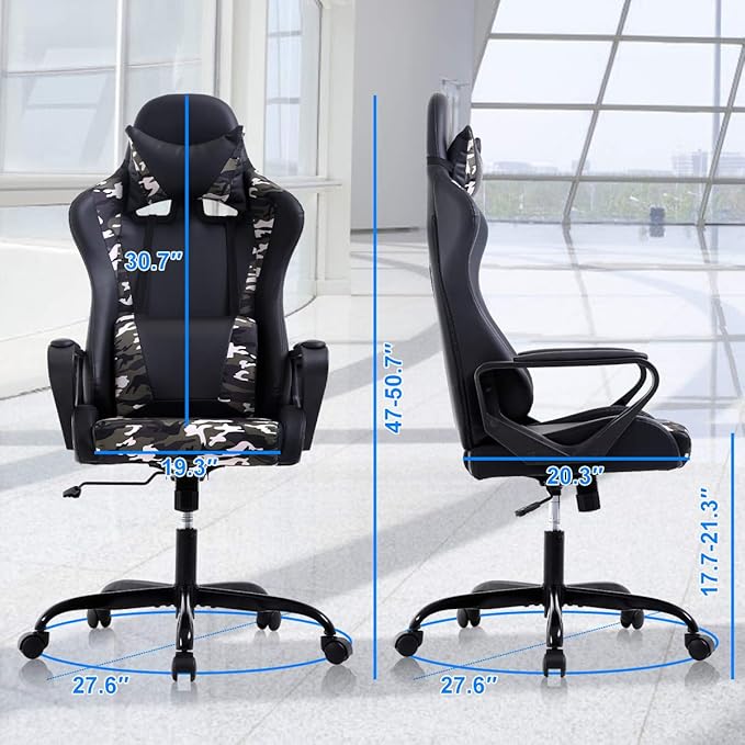 PC Gaming Chair Office Racing Desk Chair With Lumbar Support Arms Headrest Massage - High Back PU Leather Ergonomic Computer Chair Adjustable Swivel for Women Men Adult Camo