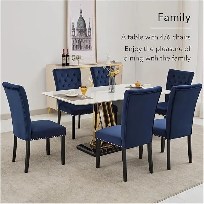 Adjustable Office Computer Chair with Armrest 1pcs Blue Velvet Upholstered Tufted Button Backrest Solid Wood Frame Dining Room Chair