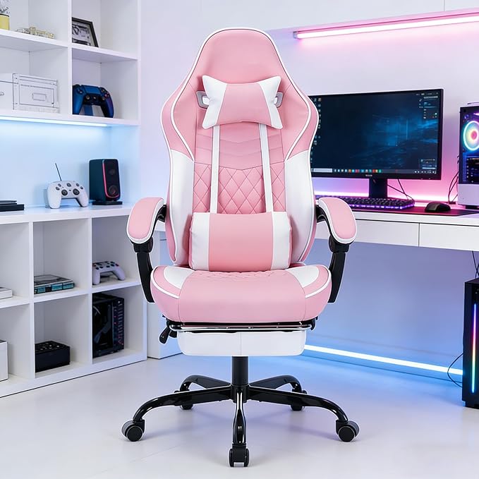 Gaming Chair with Footrest Ergonomic Computer Gaming Chair with Massage Lumbar Support and Pocket Spring Cushion Reclining Adult Gaming Chair for Home Office (Pink)
