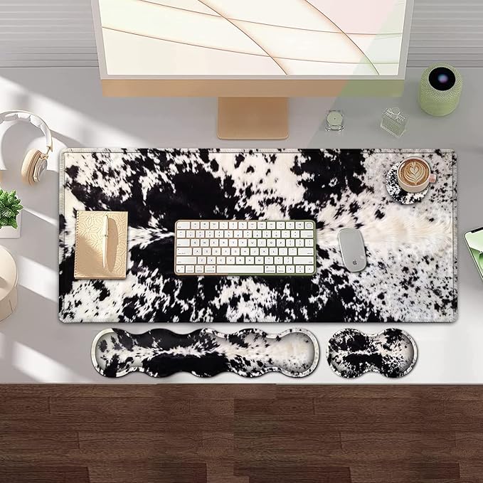 Gaming Mouse Pad and Keyboard Wrist Rest Large Extended Mouse Pad 31.5X 11.8Ergonomic Memory Foam Wrist Rest Support+Desk Mat Protectorfor Office/Home Writing Pad Black &amp White Cow Hair Mousep