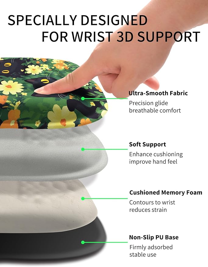 Hokafenle Ergonomic Wrist-Hugging Mouse Pad Wrist Support U-Shaped Holding Wrist Rest Mousepad for Carpal Tunnel Pain Relief with Cushioned Memory Foam Slope Massage Bulge(10.2x8.3 inBig Eyed Cat)