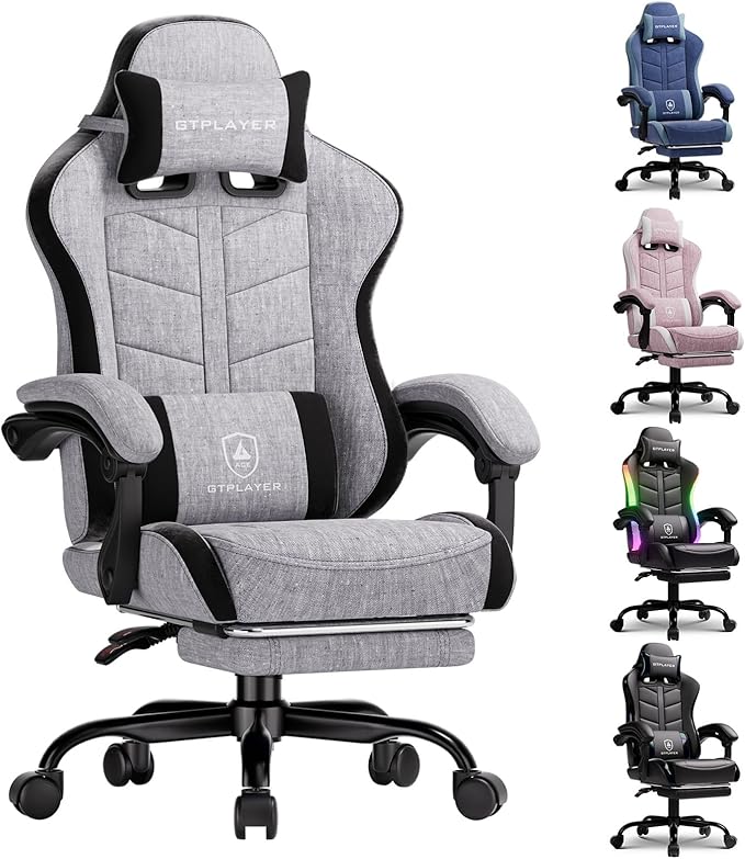 GTPLAYER Gaming Chair with Footrest Computer Gaming Chair for Adults and Kids Height Adjustable Gamer Chair with 90-155° Recline &amp Removable Headrest Lumbar SupportLinen Fabric Gray-Black