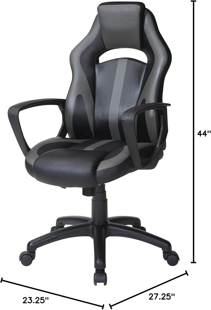 OSP Home Furnishings Influx Adjustable Faux Leather Gaming Chair with Lumbar Support and Full 360 Rotation Grey Accents