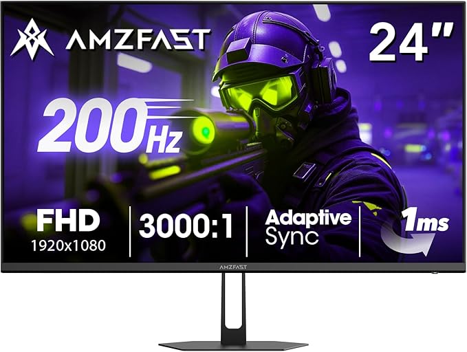 Amzfast 24 Inch Gaming Monitor 180Hz 200Hz FHD 1080p Computer Monitor 1ms Adaptive Sync 3000:1 129% sRGB HDR Display Eye Care VESA 75x75 Metal Stand HDMI 2.0 | DP 1.4 AMZG24X1
