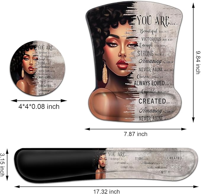 Keyboard Wrist Rest and Mouse Pad Wrist Support Set Ergonomic Gel Mouse Pad Wrist Rest with Non-Slip Base for Home Office Desk Pad African American Women Black Girl Black Gaming Mouse Mat