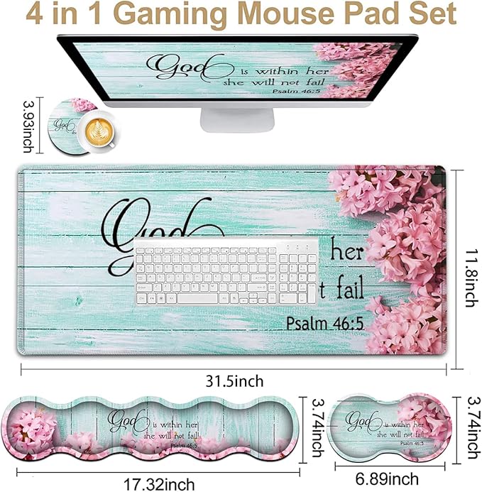 Mouse Pad Set Large Gaming Mouse Pad + Keyboard Wrist Rest Support + Mouse Wrist Cushion + Coaster Non-Slip Rubber Base 31.5 x 11.8 in Extended Desk Mat for Office Psalm 46-5 Pink Hyacinth