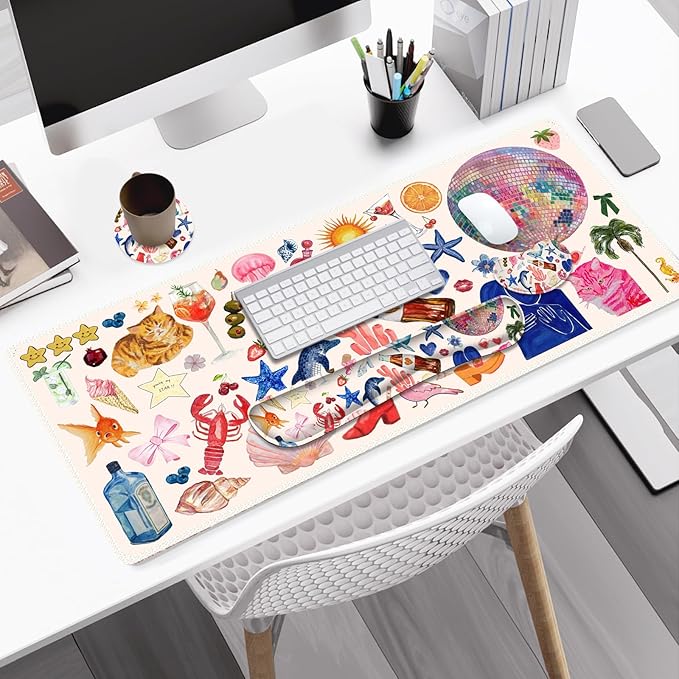 Large Gaming Mouse Pad Set 4 in 1 Ergonomics Keyboard Desk Mat with Memory Foam Wrist Rest Computer Extended Game Mousepad Non-Slip Desk Matt Easy Typing Pain Relief I Colorful Stickers