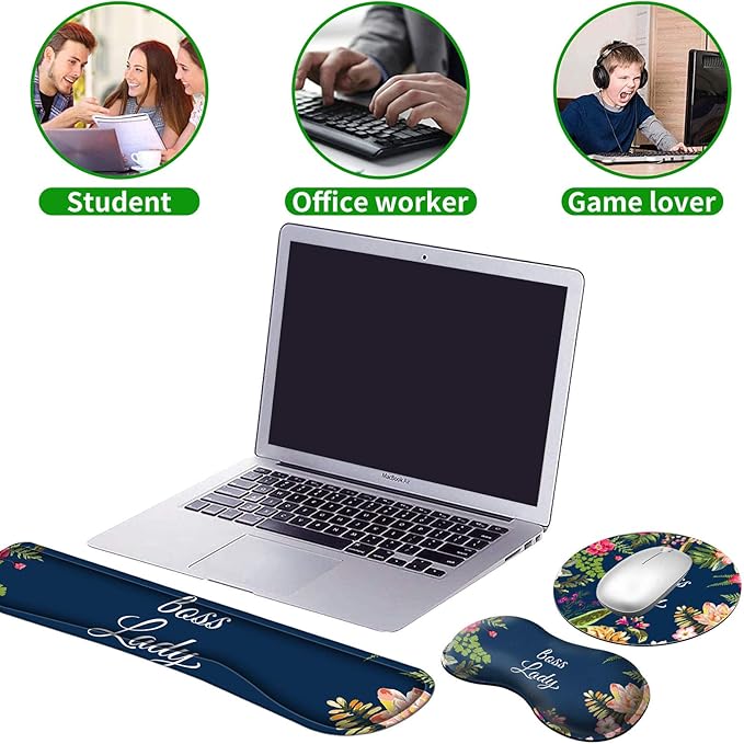 Ergonomic Keyboard Wrist Rests Gel Memory Foam Mouse Pad with Round Mousepad + Coasters Wrist Support Set with Non Slip Base for Gaming Office Laptop Easy Typing &amp Pain Relief Floral Boss Lady
