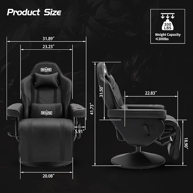 S*MAX Gaming Recliner Chair for Adults Racing Style Ergonomic High Back Swivel PU Leather Gaming Chair with Adjustable Backrest and Footrest Cup Holder Side Pouch Black