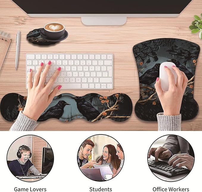 3 in 1 Keyboard Wrist Rest + Mouse Pad and Coaster Ergonomic Gel Mouse Pad and Keyboard Pad Set Comfortable Lightweight for Easy Typing Pain Relie Branch Crow