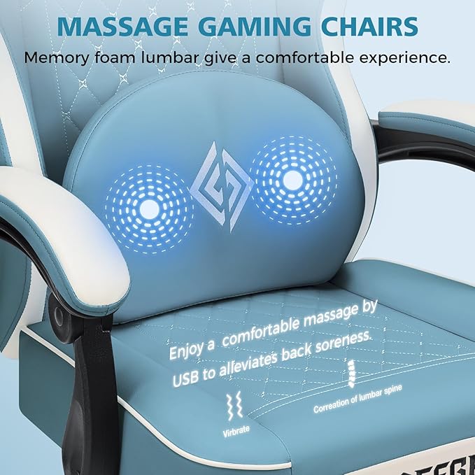 HOFFREE Gaming Chair Computer Chair with Pocket Spring Cushion Massage Game Chair with Footrest Ergonomic High Back Computer Gaming Chairs for Adults Adjustable Swivel Gamer Chair Stone Blue and White