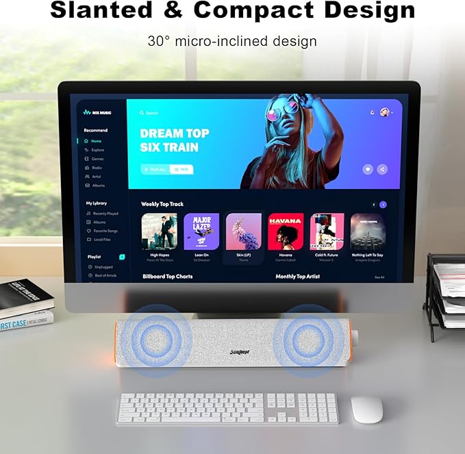 SOULION R50 Bluetooth Computer Speakers 3.5mm PC Sound Bar for Desktop Monitor Wired USB Powered &amp Colorful LED Lights with Switch Button Surround Sound Soundbar PC Spearkers for Computer Whit