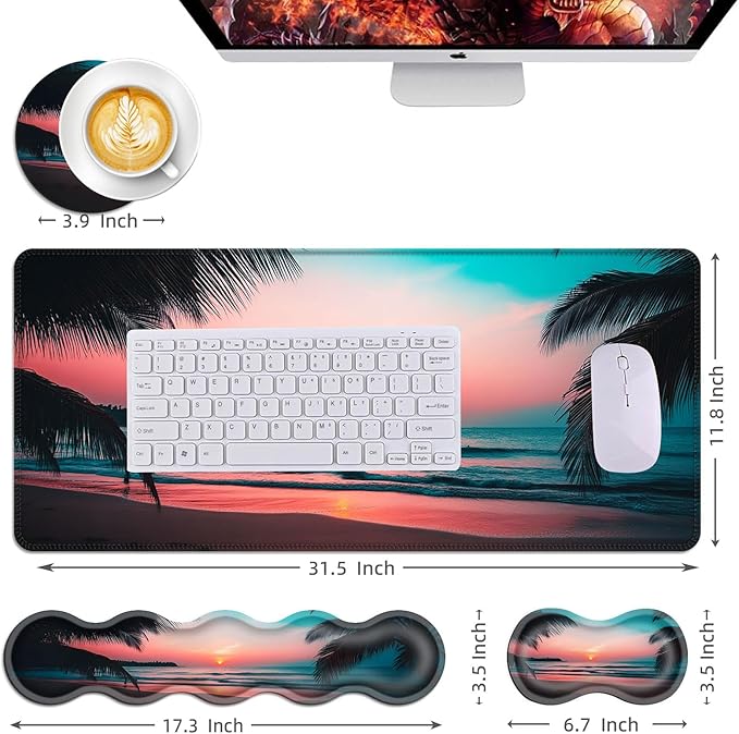 Mouse PadLarge Desk Mat Set 4in1 XL Mousepad + Keyboard Wrist Rest+Mouse Wrist Rest+Coaster with Ergonomic Desk Pad for Home Office Table Computer Cover -Palm Tree Beach Scene