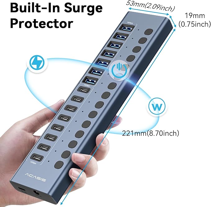Powered USB 3.2 Hub ACASIS 16 Ports USB 3.2 Hub(8 USB-A 3.2 Ports+8 USB-C 3.2 Ports) Aluminum USB Hub Powered with 96W Power Adapter USB Hub for PC/Laptop Computer Flash Drive Printer Camera