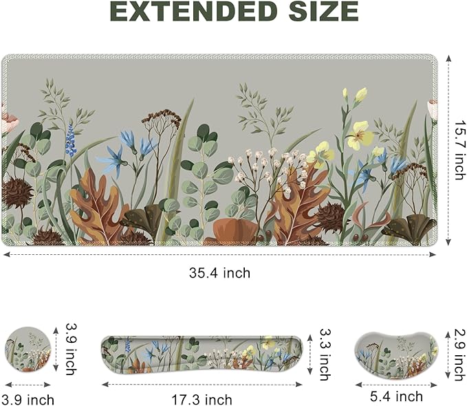 Keyboard Mouse Pad Set Extended Gaming Mouse Pad +Keyboard Wrist Support +Mouse Wrist Rest +Coaster 35.4x15.7 in XXL Large Ergonomic Desk Mat 4in1 Set for Home Office Plant Flowers