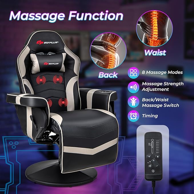 Goplus Gaming Chair Height Adjustable Massage Video Game Chair with Retractable Footrest Cup Holder Headrest Swivel Office Chair Racing Style Swivel Gamer Chair