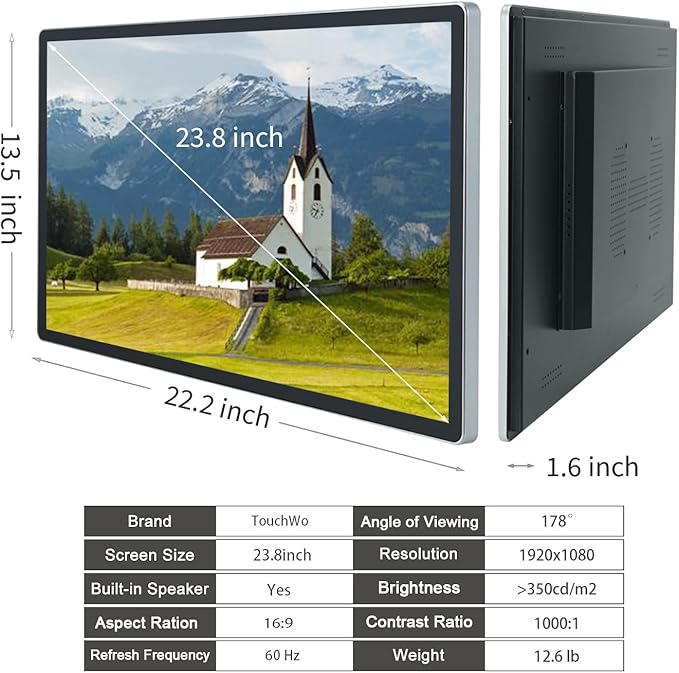 23.8 inch Capacitive Multi-Touch Screen Industrial Monitor 16:9 Display 1920 x 1080P Built-in Speakers VGA DVI &amp HD-MI Monitor for PC POS Small Business Restaurant