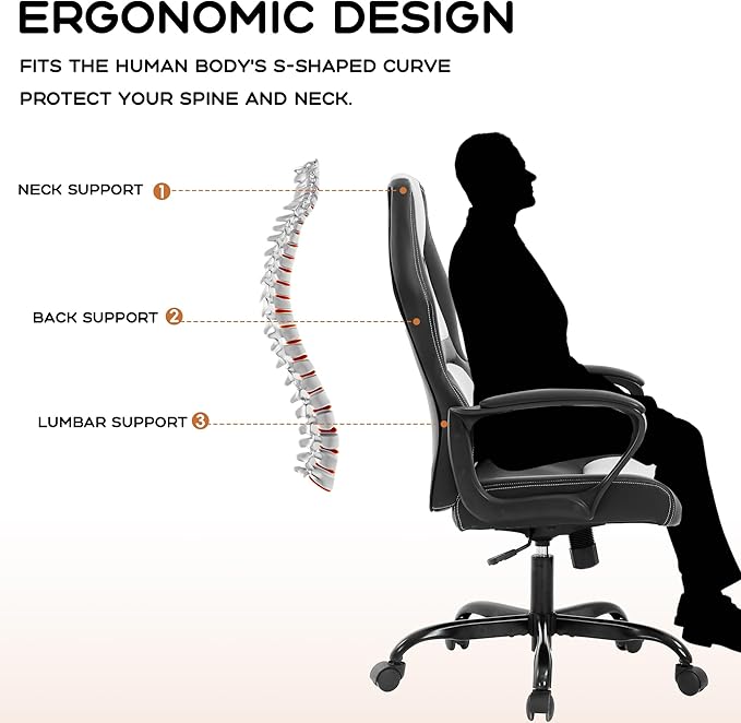MKDLUFEI Video Game ChairErgonomic Office Chair Desk Chair and Lumbar Support PU Leather Recliner with HeadrestHeight Adjustable Computer Chair for Adults (White)