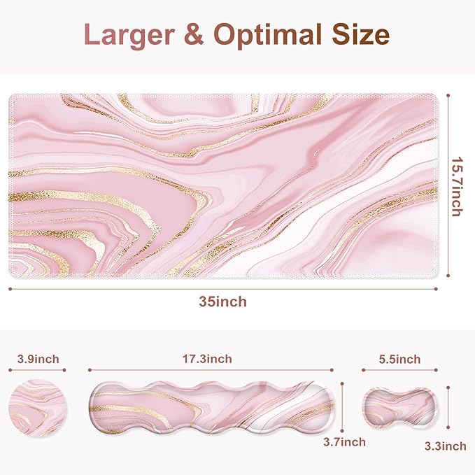 Gaming Mouse Pad Keyboard Wrist Support 4 in1 Mousepad Set with Wrist Keyboard Rest Computer Desk Mat Non-Slip Desk Pad Protector with Memory Foam Easy Typing Pain Relief I Pink Gold Marble