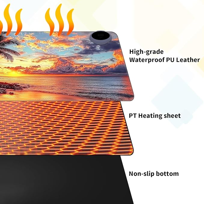 Warm Desk Pad Warm Mouse Pad Gaming Office Desk Matwith 3 Levels Heated &amp 3 Hours Auto Shut - 31.5 x 13 inch PU Leather Laptop Keyboard Mat for Home Office Hand WarmerCoconut Trees Sunset -105